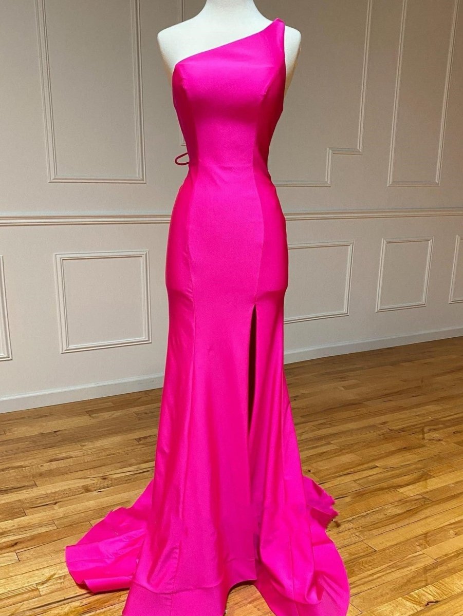 Charming Mermaid One Shoulder Hot Pink Satin Long Prom Dresses with Slit       fg2348 main image 1