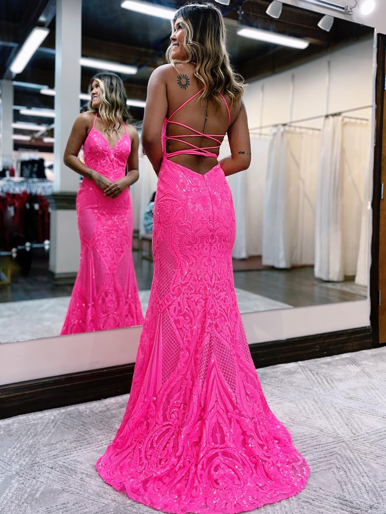 V Neck Pink Glitter Backless Mermaid Bodycon Long Prom Dress