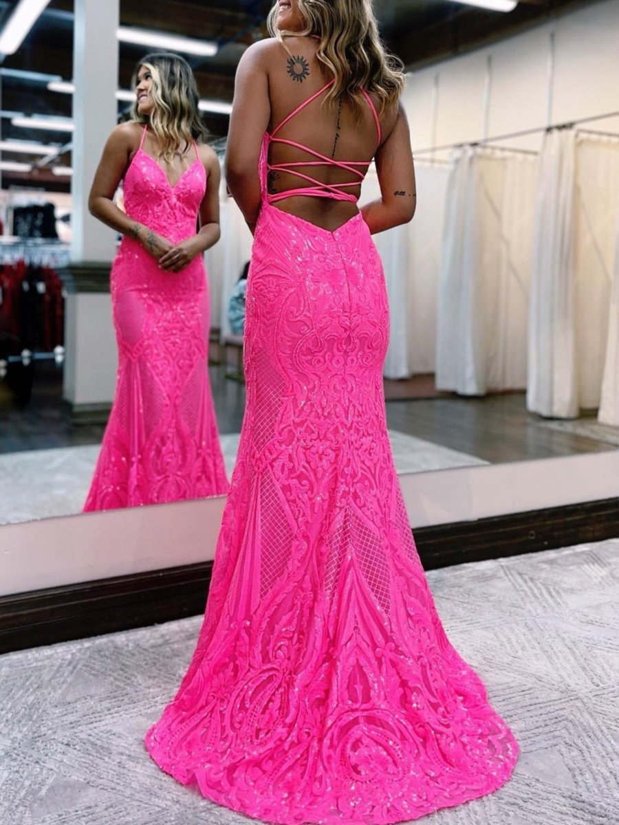 Spaghetti Straps Pink Glitter Backless Mermaid Bodycon Long Prom Dress, Pink / 4 Spaghetti Straps Pink Glitter Backless Mermaid Bodycon Long Prom Dress, Pink / 4