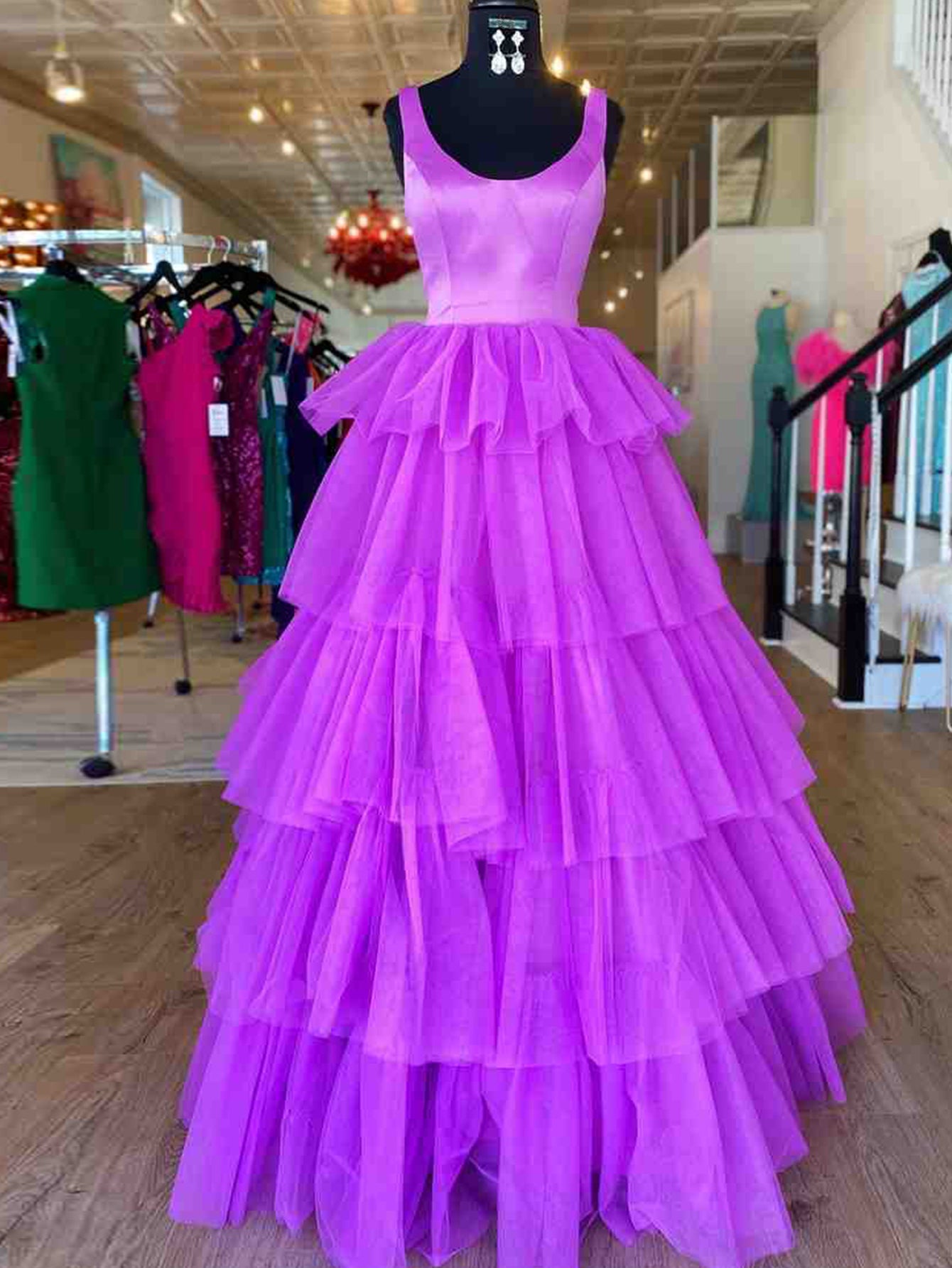 A Line Ruffles Purple Tulle Long Prom Dress
