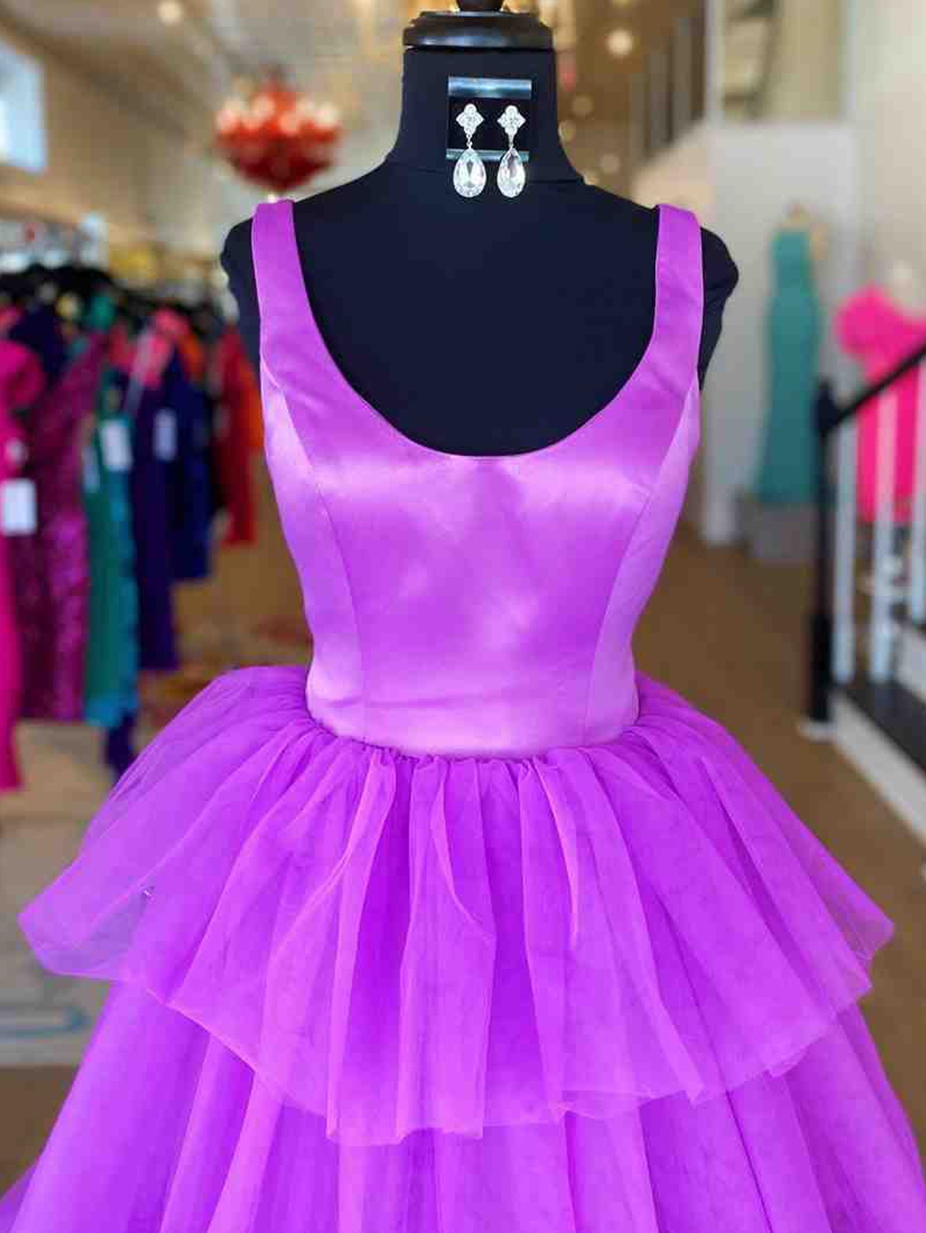 A Line Ruffles Purple Tulle Long Prom Dress