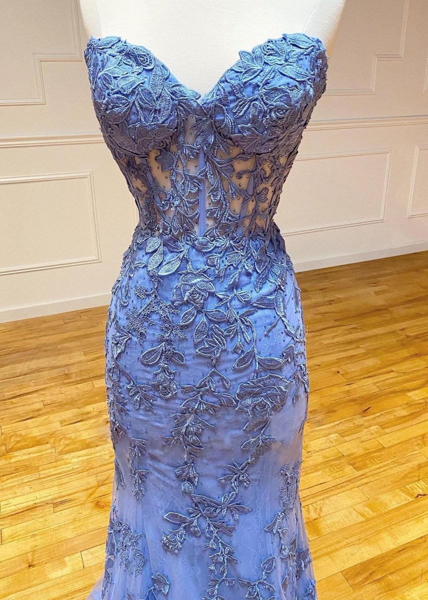 Evie Sky Blue Mermaid Strapless Lace Prom Dress With Appliques Evie Sky Blue Mermaid Strapless Lace Prom Dress With Appliques
