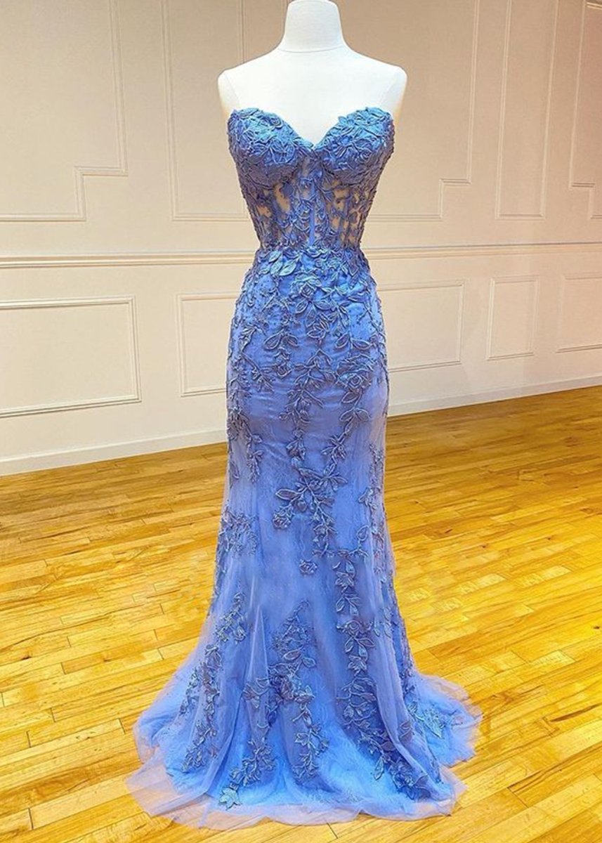 Evie Sky Blue Mermaid Strapless Lace Prom Dress With Appliques