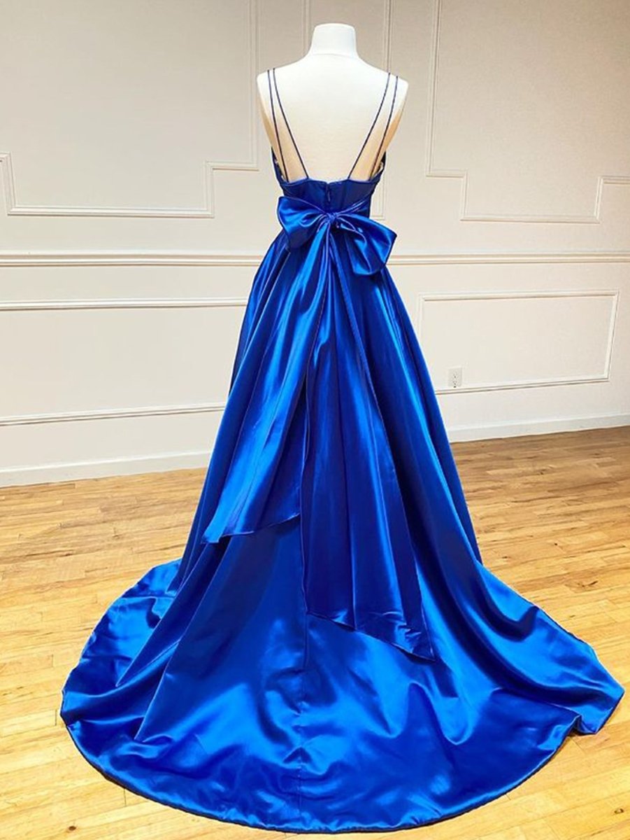 Royal Blue Satin A Line V Neck Long Prom Dress With Bow Tie - KissProm