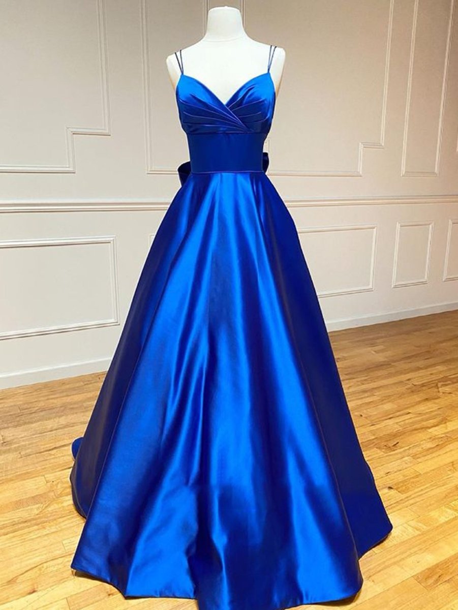 Royal Blue Satin A Line V Neck Long Prom Dress With Bow Tie - KissProm