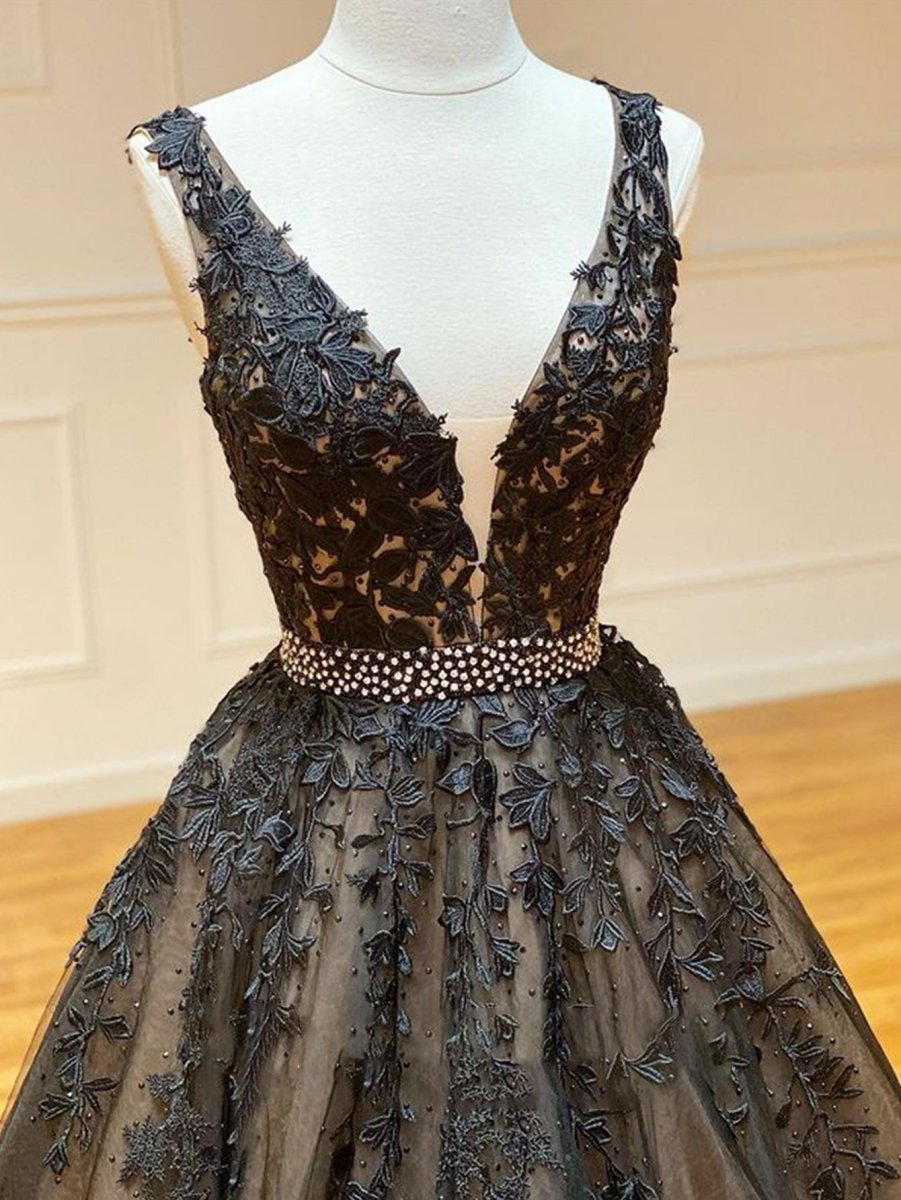 Long A-line V Neck Backless Lace Prom Dresses with Corset Back main image 1