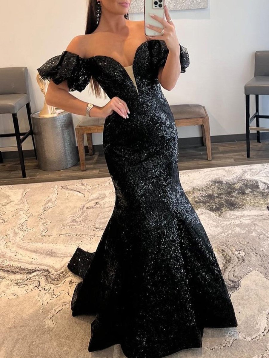 Black Strapless Sequins Long Mermaid Prom Dress - KissProm