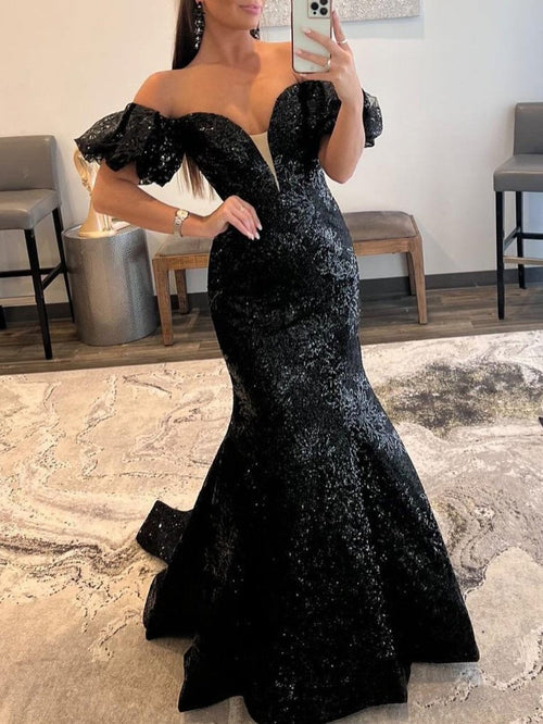 Black Strapless Sequins Long Mermaid Prom Dress - KissProm