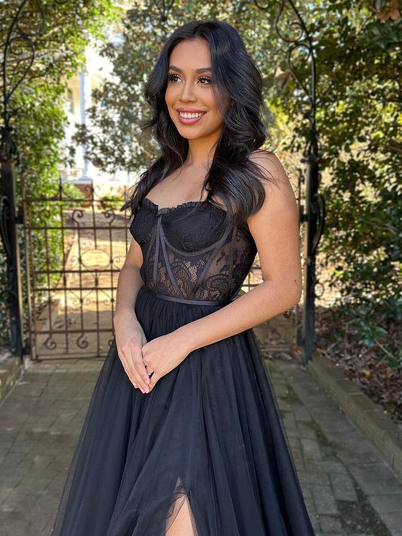 Talia | Black A Line Sweetheart Corset Tulle Prom Dress with Slit