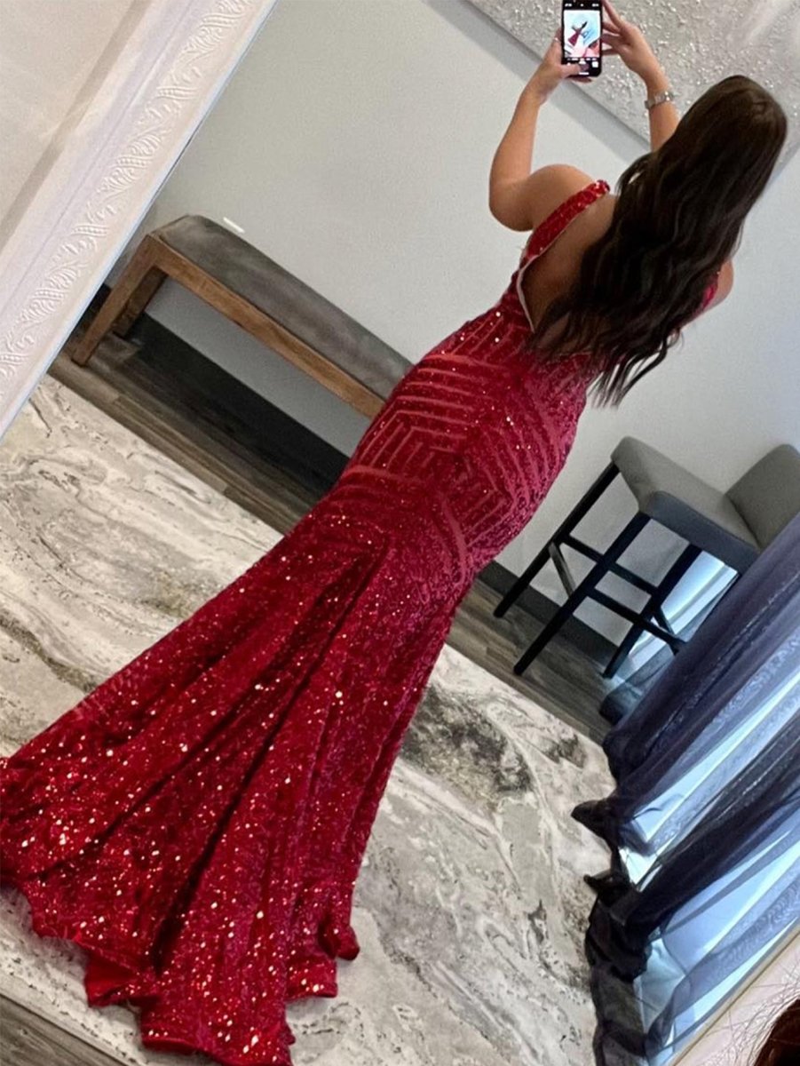 strapless open back dress Deep V Neck Pink Sequins Mermaid Long Prom Dress