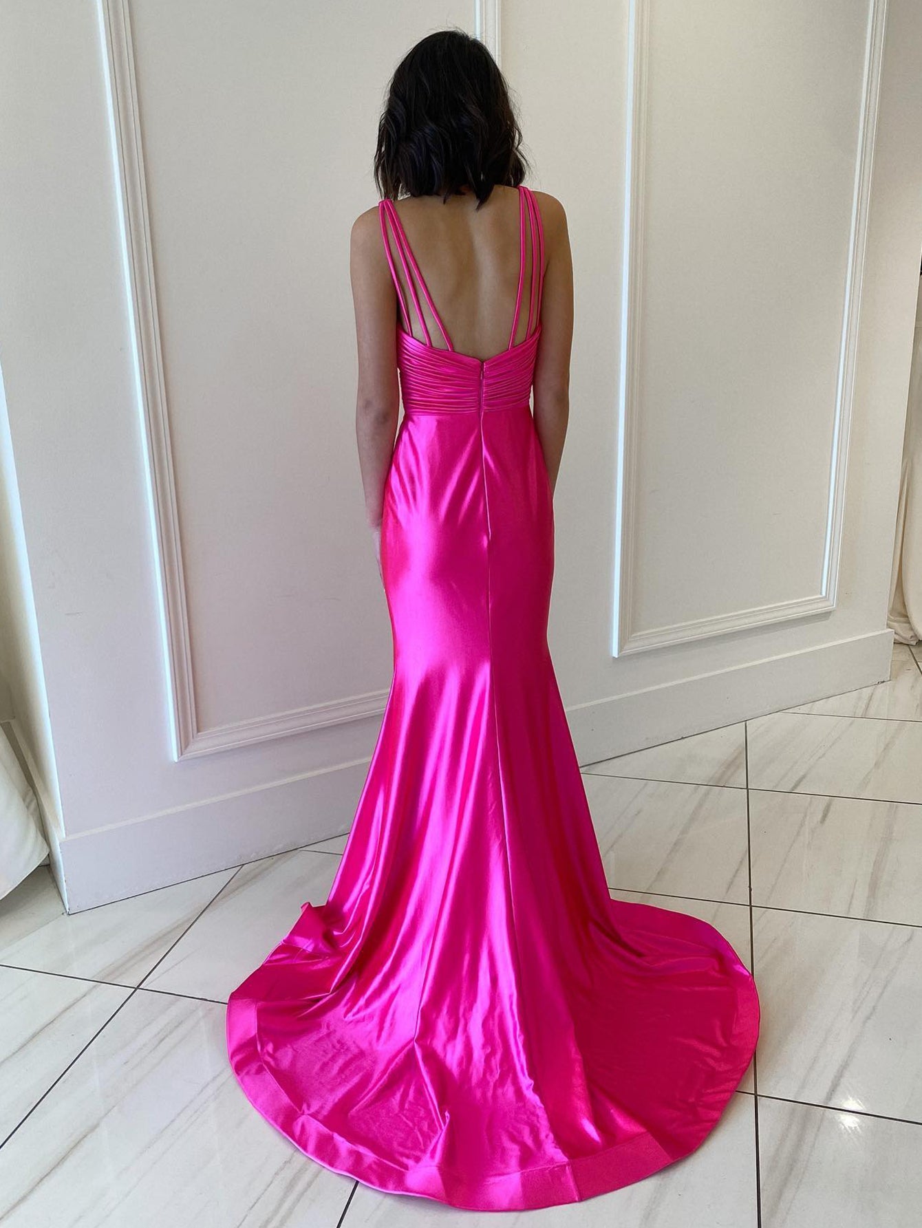 Backless Pink V Neck Long Prom Dress