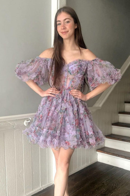Ivana A Line Off the Shoulder Light Purple Printed Short Homecoming Dress Floral / 18
