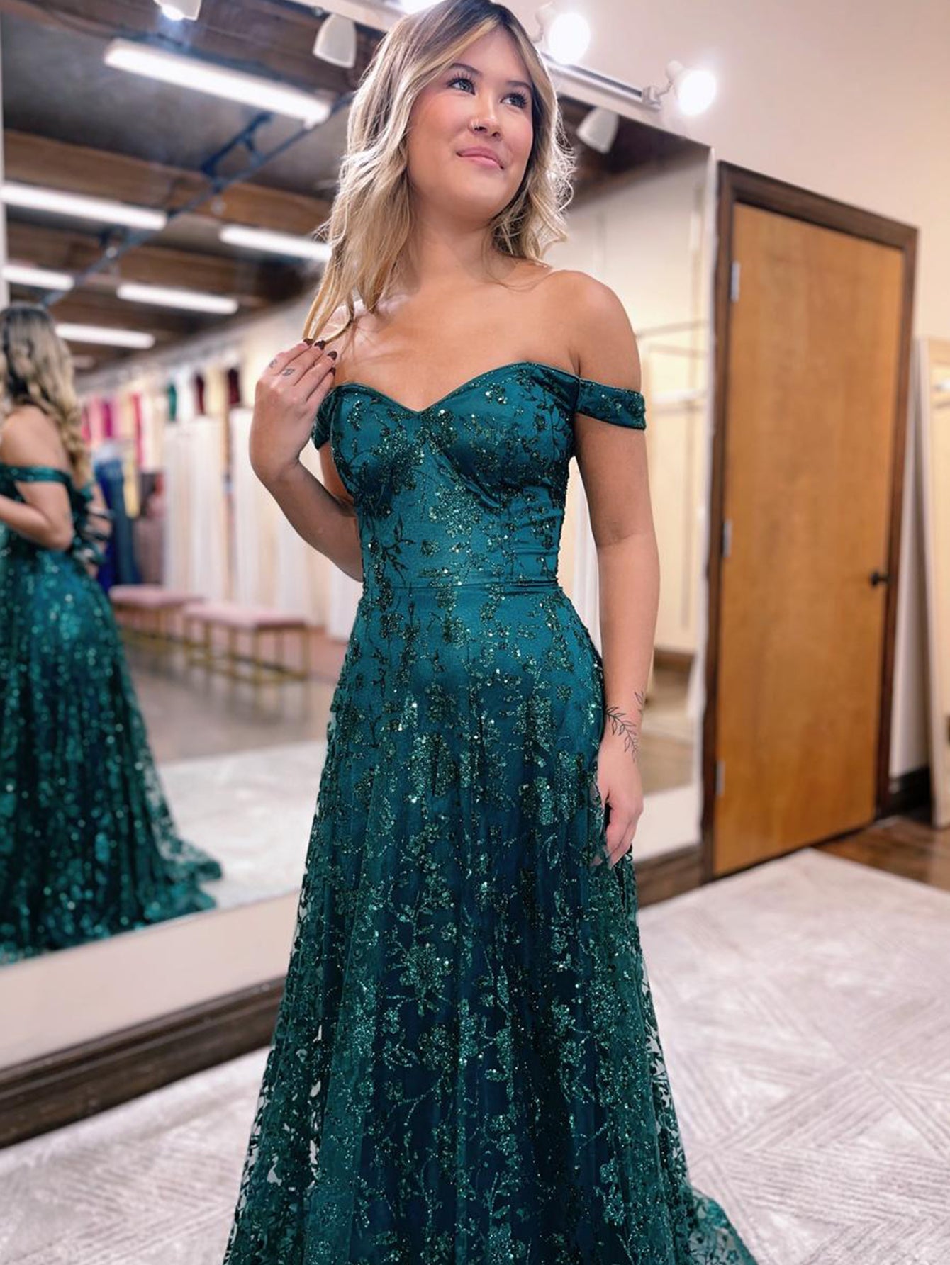 Glitter Mermaid Off The Shoulder Dark Green Long Prom Dress