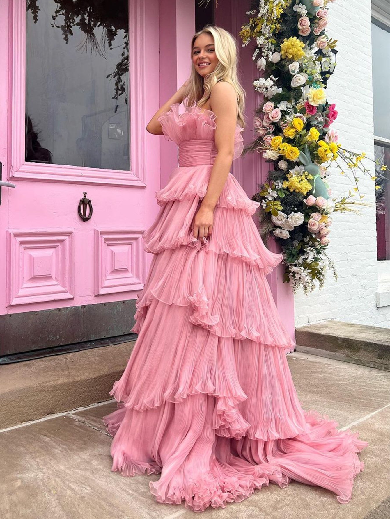 Vanessa |Pink Strapless A-Line Tiered Crinkled Tulle Prom Dress