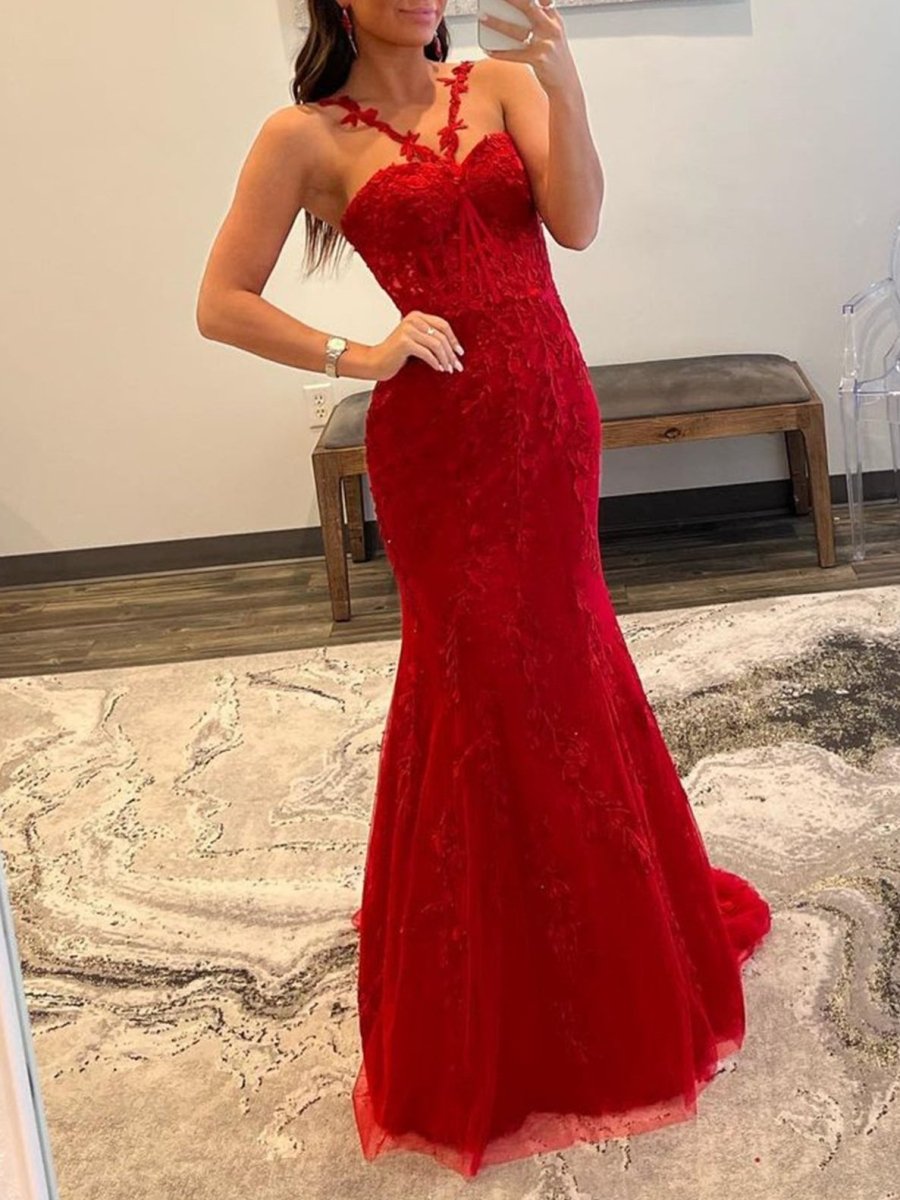 love shack fancy halter dress Red Mermaid Halter Lace Mermaid Long Prom Dress, Red / 8
