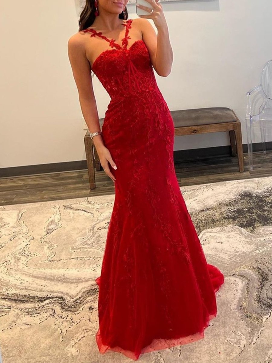 Red Mermaid Halter Lace Mermaid Long Prom Dress, Red / 8 Red Mermaid Halter Lace Mermaid Long Prom Dress, Red / 8