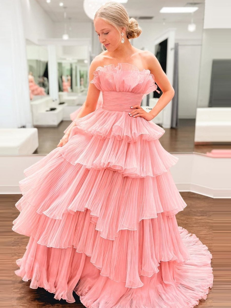 Vanessa Blue Strapless A-Line Tiered Crinkled Tulle Prom Dress