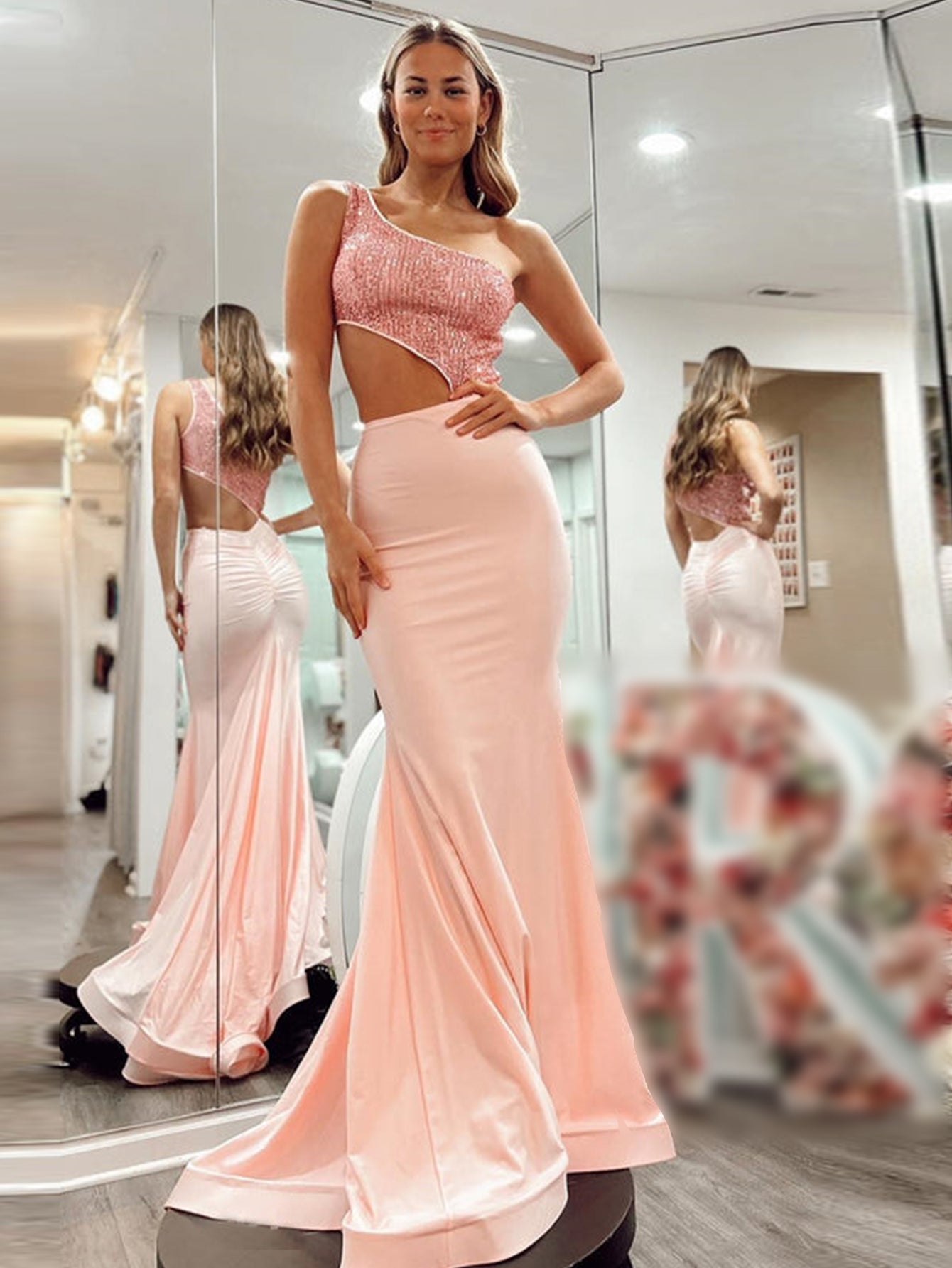 Pink Glitter Mermaid One Shoulder Cutout Long Prom Dress