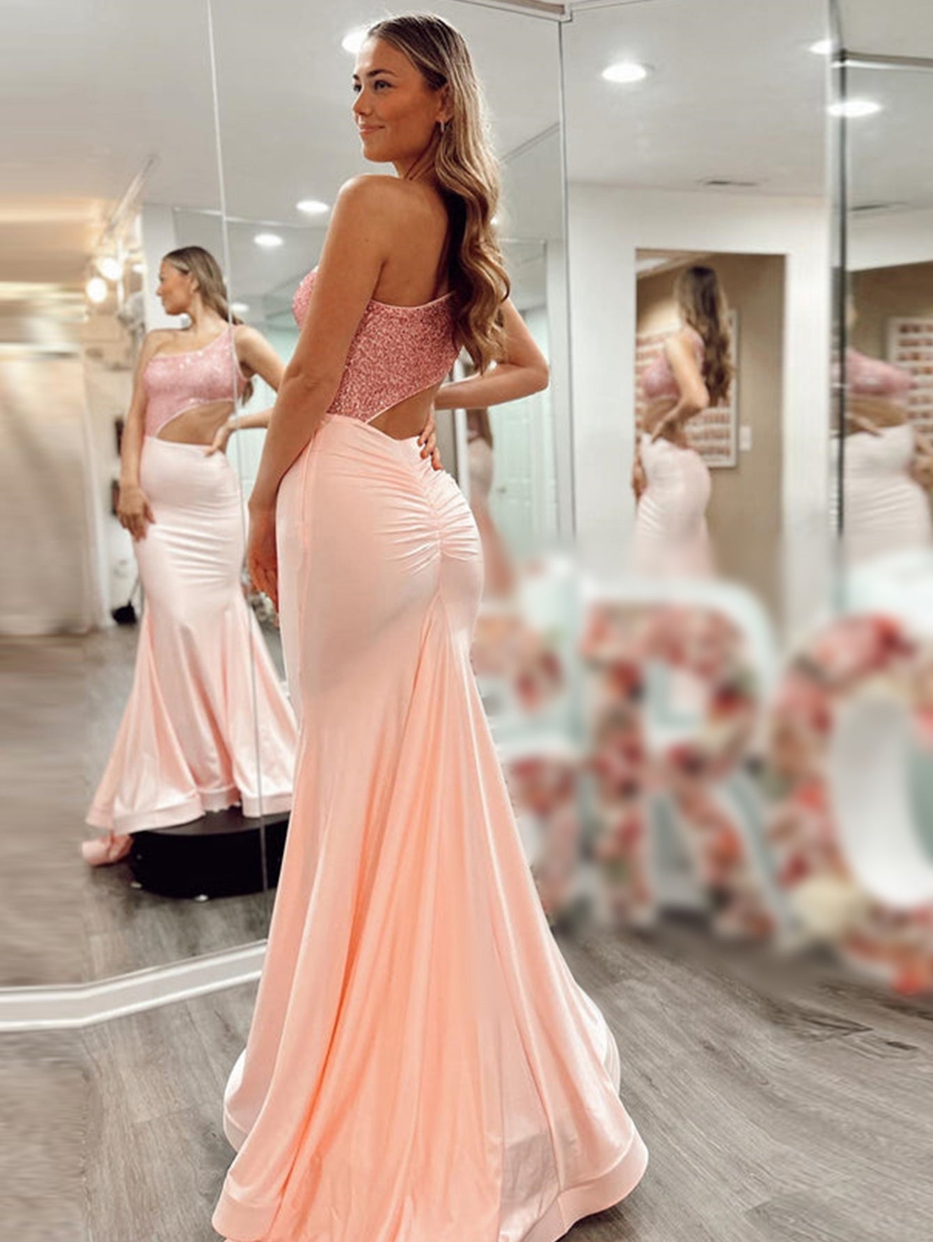 Pink Glitter Mermaid One Shoulder Cutout Long Prom Dress