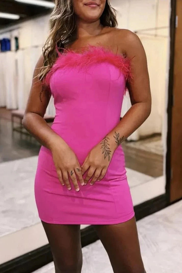 Pink Strapless Feather Bodycon Short Homecoming Dress - KISSPROM