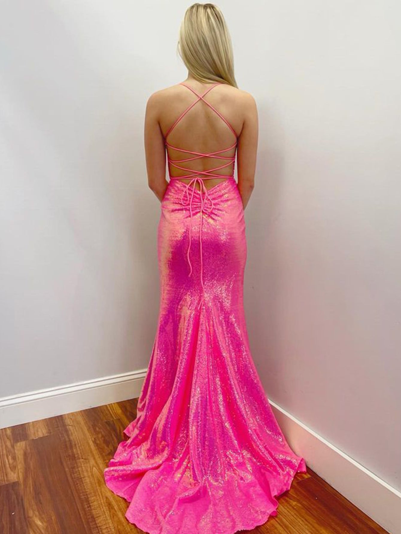 Mermaid V Neck Pink Backless Long Prom Dress With Slit