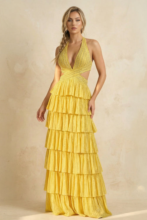 Yellow - A-Line Halter Satin Beaded Long Prom Dresses With Ruffles