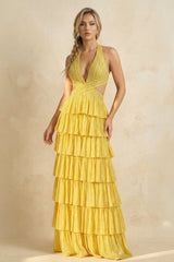Yellow - A - Line Halter Satin Beaded Long Prom Dresses With Ruffles - KissProm