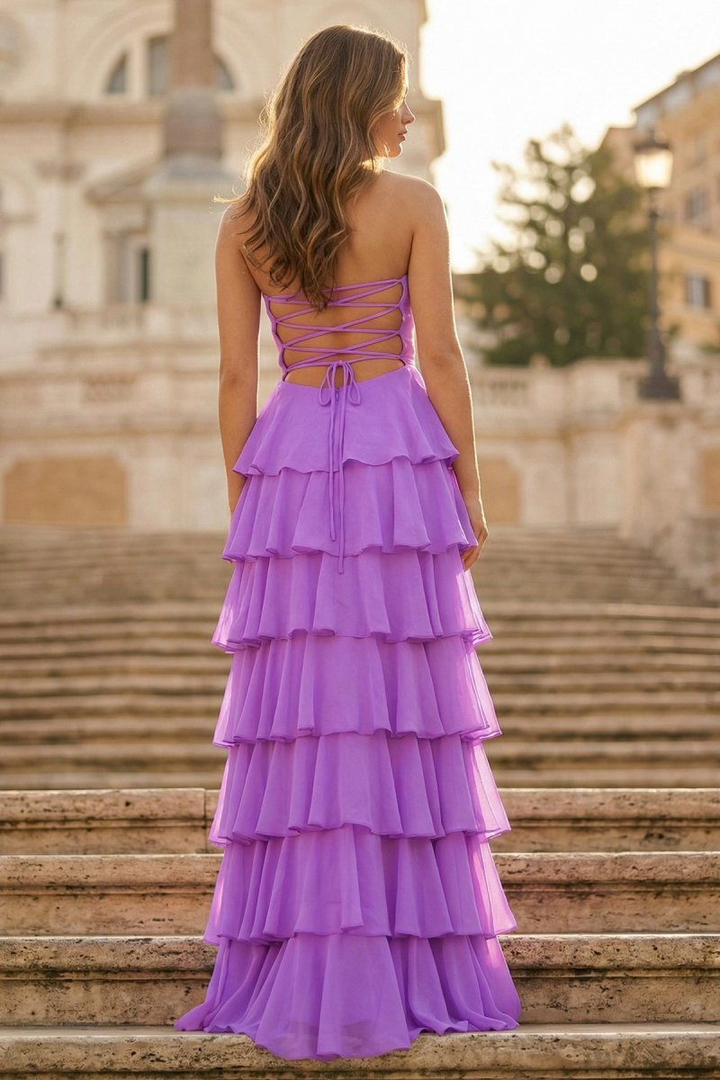 KissProm Purple Strapless A Line Chiffon Long Prom Dress With Ruffles, Aqua / 10