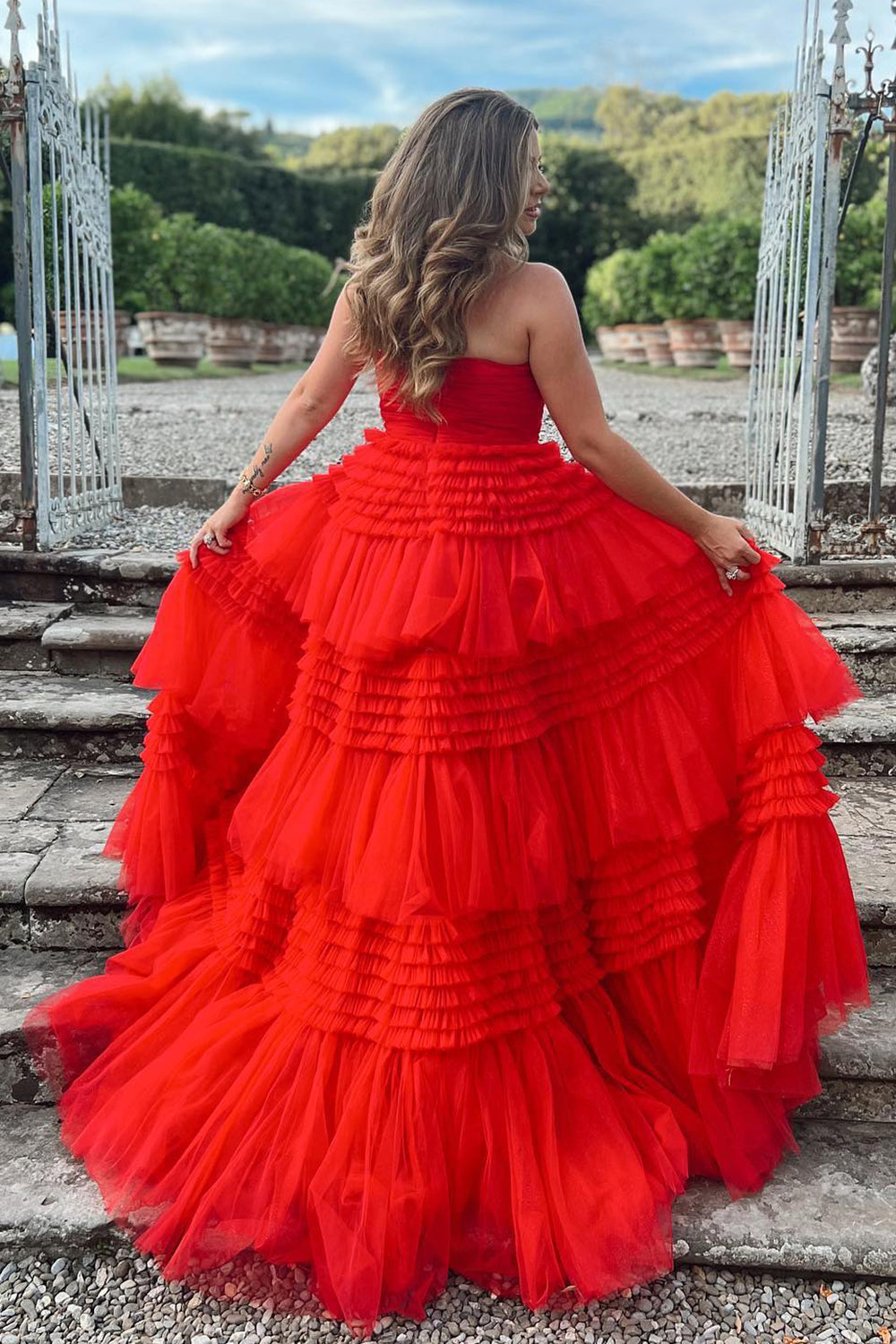 Daniela |A-Line Strapless Tulle Long Prom Dress with Tiered Ruffles