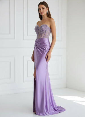 Eirene | Purple Sweetheart Mermaid Satin Long Prom Dress with Beading - KissProm