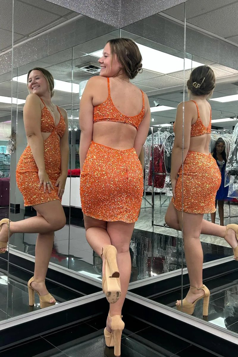 Orange Sequins V Neck Tight Short Homecoming Dresses - KissProm