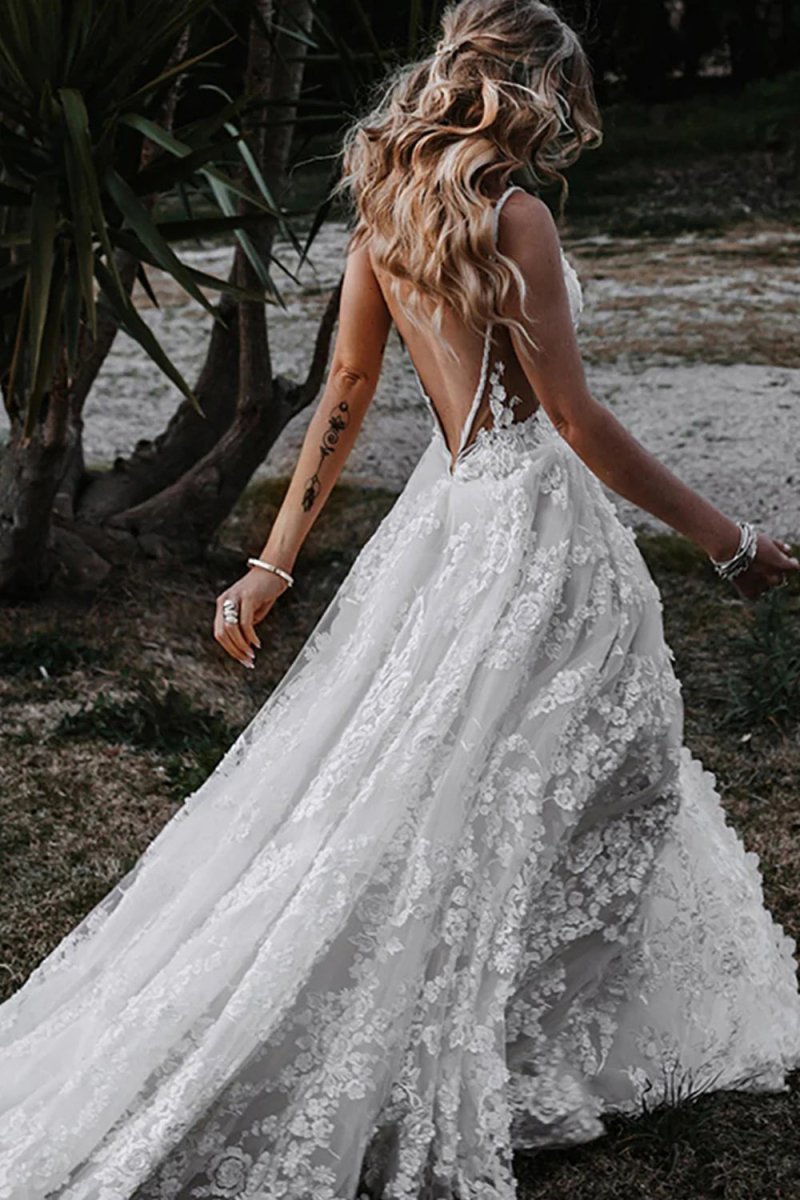 White Boho A-Line Lace Wedding Dress with Appliques White Boho A-Line Lace Wedding Dress with Appliques