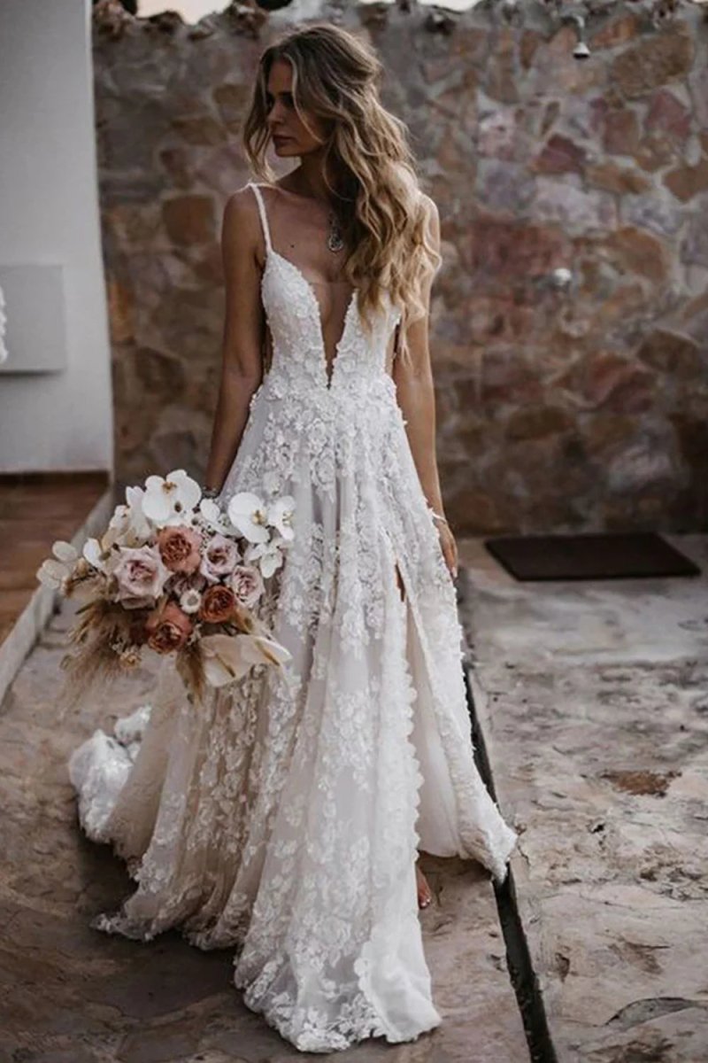 White Boho A-Line Lace Wedding Dress with Appliques White Boho A-Line Lace Wedding Dress with Appliques