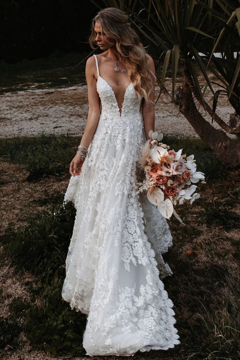 White Boho A-Line Lace Wedding Dress with Appliques, White / 12 White Boho A-Line Lace Wedding Dress with Appliques, White / 12