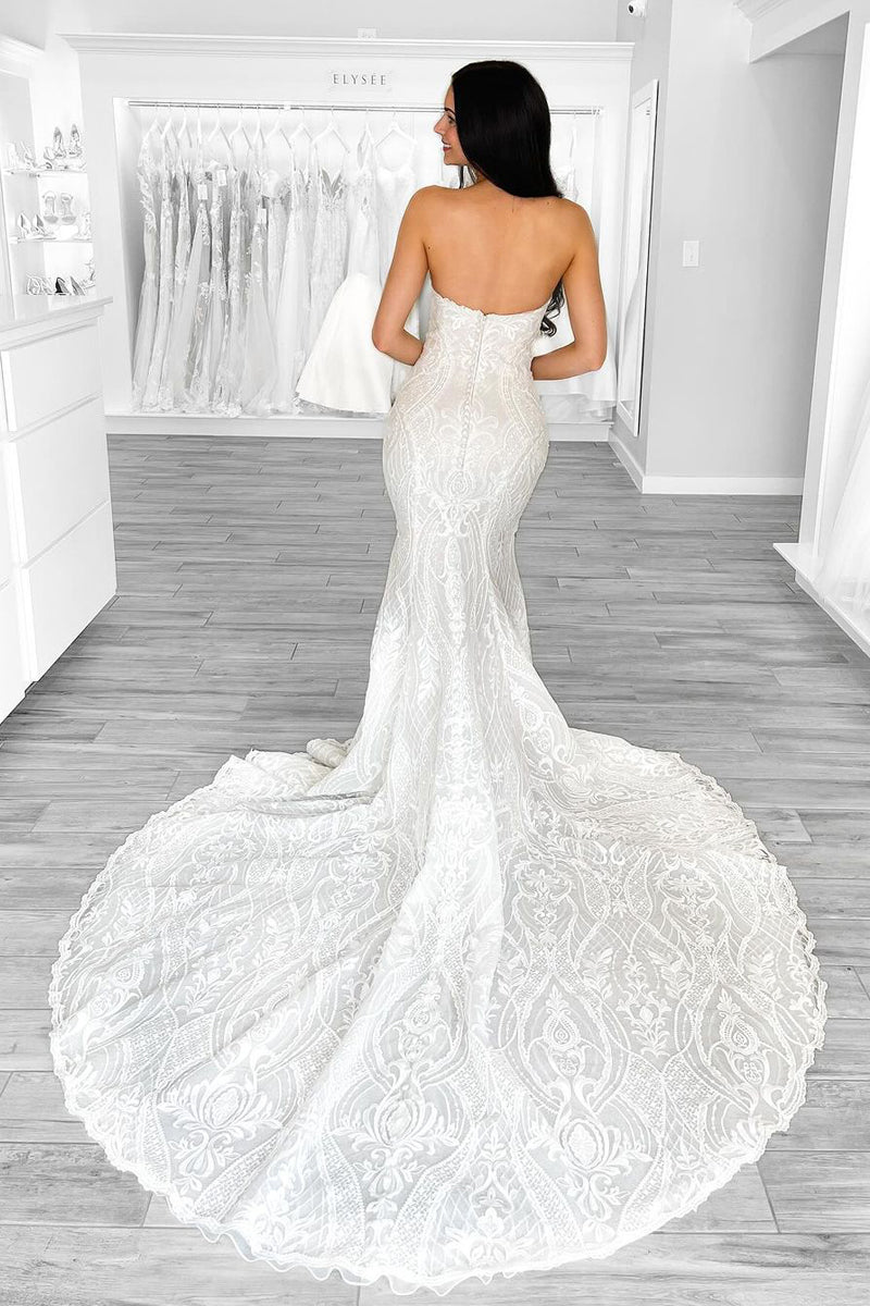Mermaid Strapless White Lace Wedding Dresses