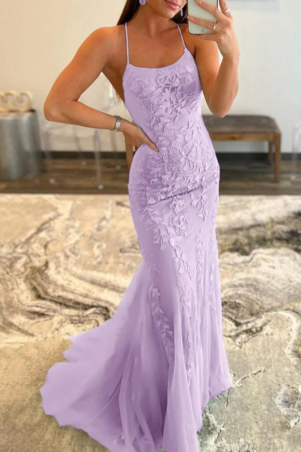 Mermaid Spaghetti Straps Lace Prom Dress, Lilac / Custom Size