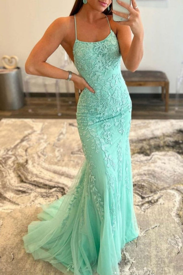 Mermaid Spaghetti Straps Lace Prom Dress, Mint Green / 00