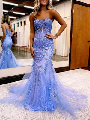Blue Mermaid Sweetheart Neck Lace Long Prom Dress With Appliques -KissProm
