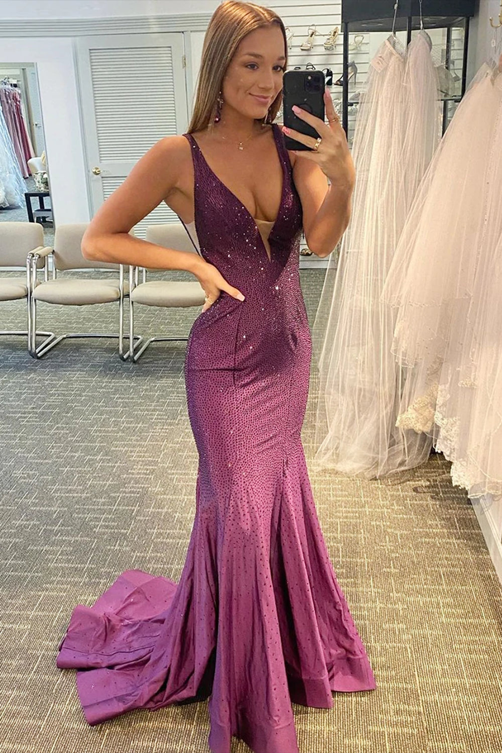 Alma |Mermaid V-neck Beaded Mermaid Prom Dress