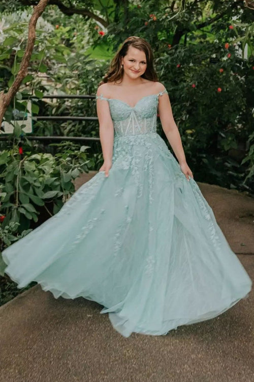 A-line Sweetheart Lace Tulle Prom Dress with Slit, Mint Green / 12 A-line Sweetheart Lace Tulle Prom Dress with Slit, Mint Green / 12