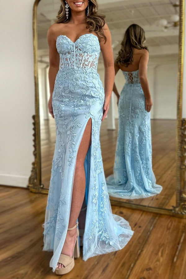 Mermaid Strapless Corset Lace Prom Dress with Slit, Blue / 2