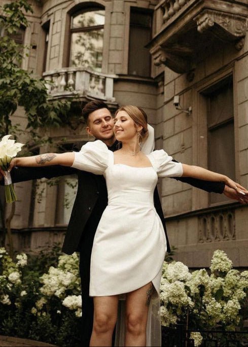 Zola | Bodycon Square Neck Satin Short Wedding Dresses with Lantern Sleeves