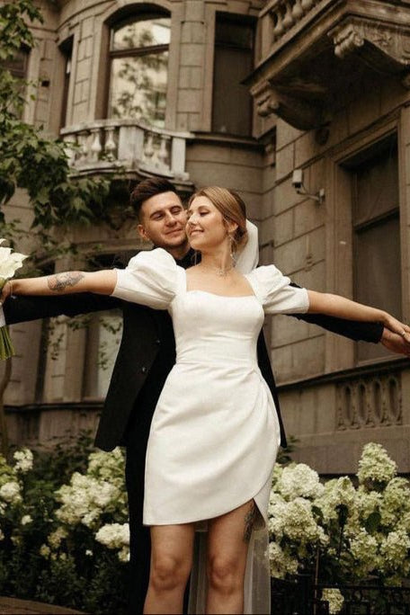 Bodycon Square Neck Satin Short Wedding Dresses with Lantern Sleeves Bodycon Square Neck Satin Short Wedding Dresses with Lantern Sleeves