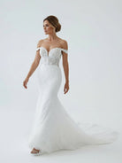 Jream | White Long Tulle Mermaid Wedding Dress with Lace Appliques - KissProm