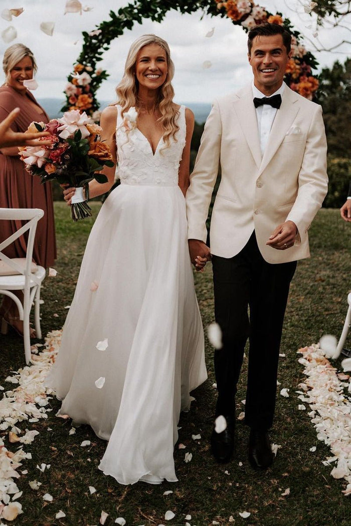 Classy V Neck White Chiffon Long Wedding Dress Bridal Dress