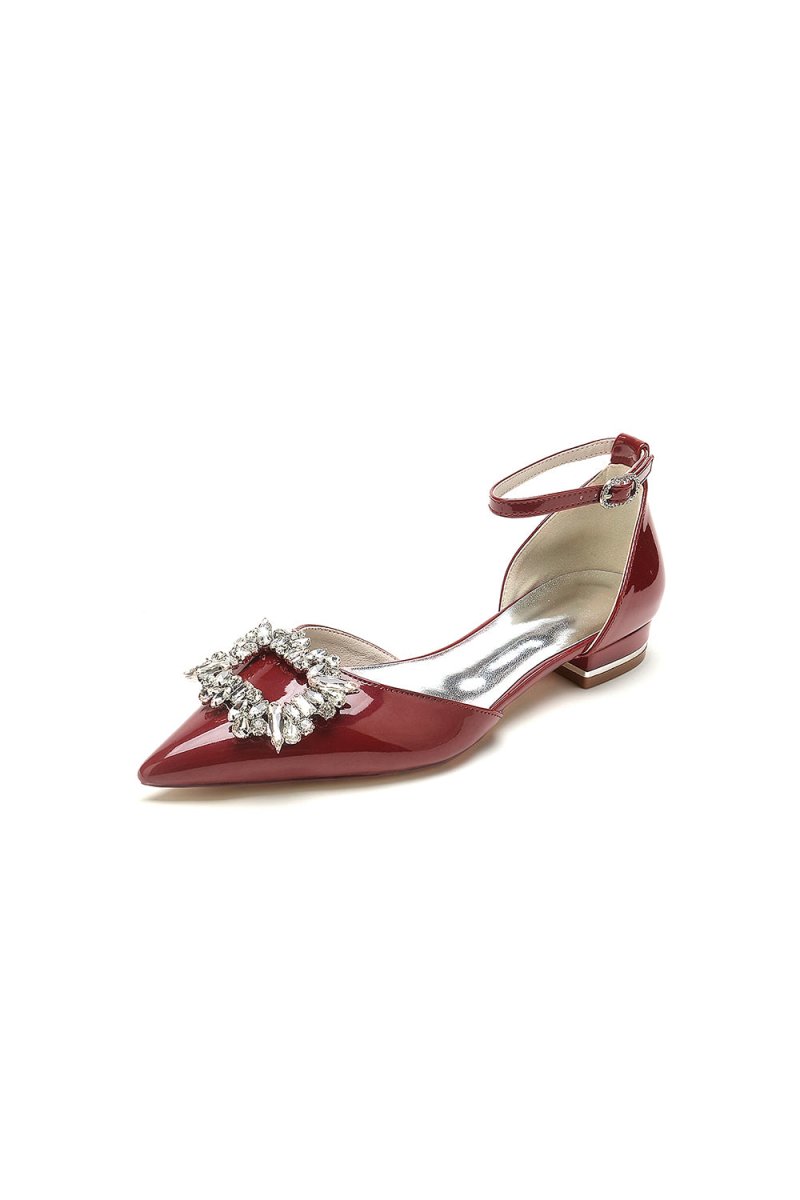 Pointed Toe Patent Leather Flats with Crystal Embellishment - KissProm
