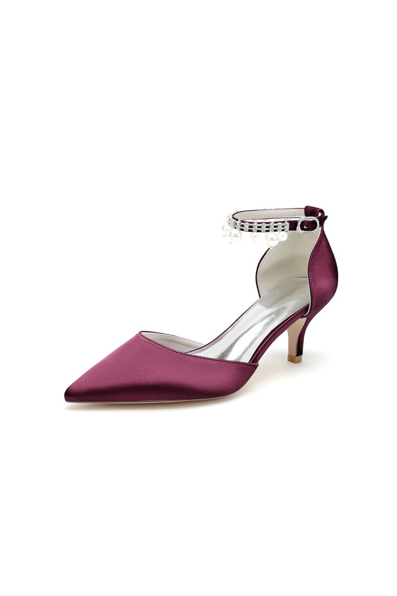 Pointed Toe Pearl Strap Kitten Heels - KissProm