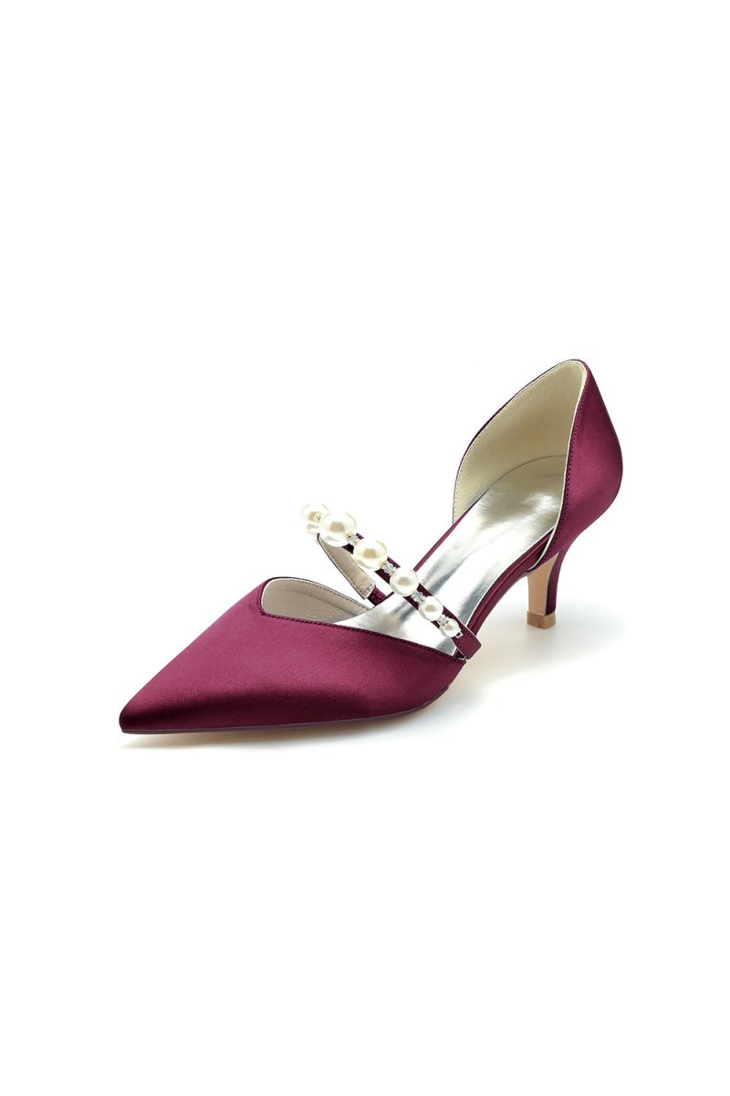 Elegant Satin Pointed Toe Heels with Pearl Strap - KissProm
