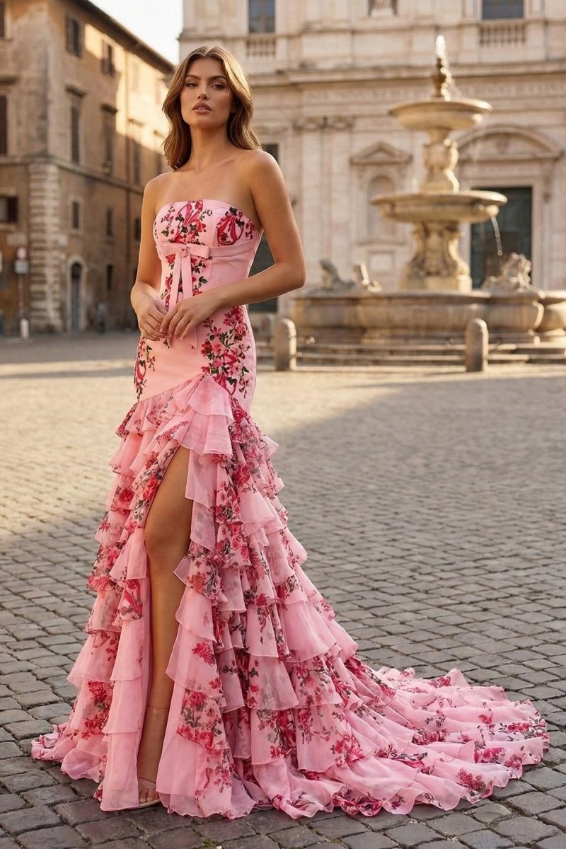Filante | Pink - Strapless Sheath Floral Chiffon Ruffles Long Formal Prom Dresses With Bow - KissProm