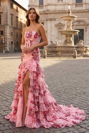 Filante | Pink - Strapless Sheath Floral Chiffon Ruffles Long Formal Prom Dresses With Bow - KissProm